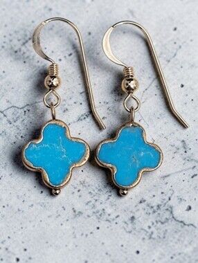 Hand Crafted Genuine Turquoise Clover Drop Earrings - 14K Gold Filled Ear Wires